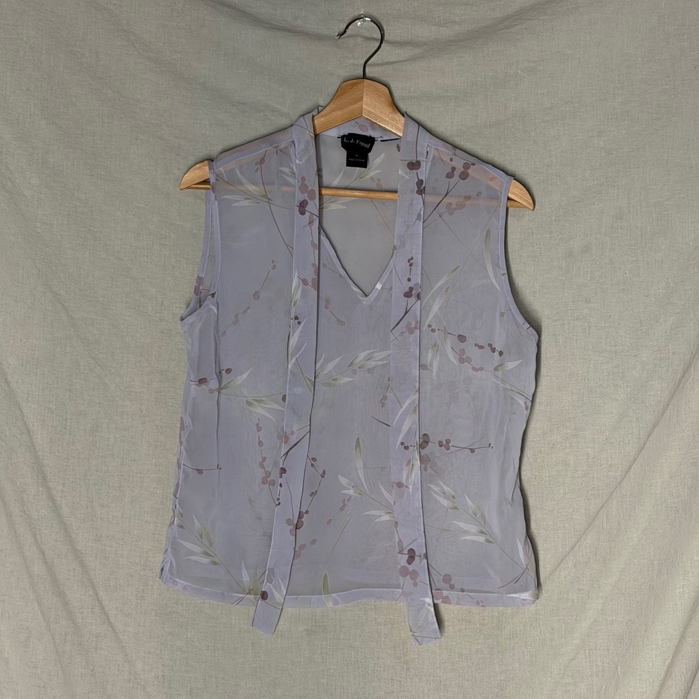 L.J. Freud Lavender Floral Sheer Tie Neck Sleeveless Blouse Women's Size M